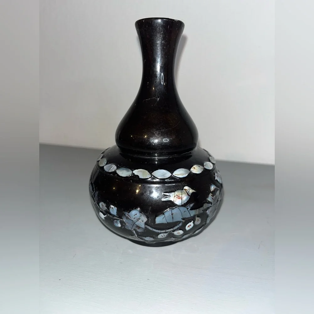 Vintage Orient Express Black Plastic Mother Of Pearl Vase Korea Floral BirdMotif